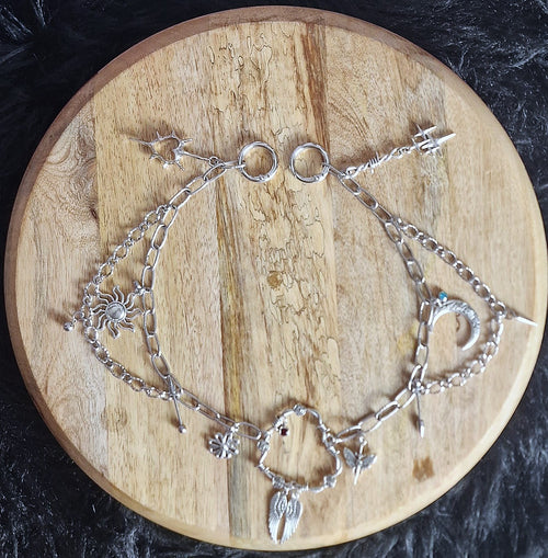 Chaîne de sac - Soleil, Lune, piercings, coeur, fleur, ailes, étoiles & papillon