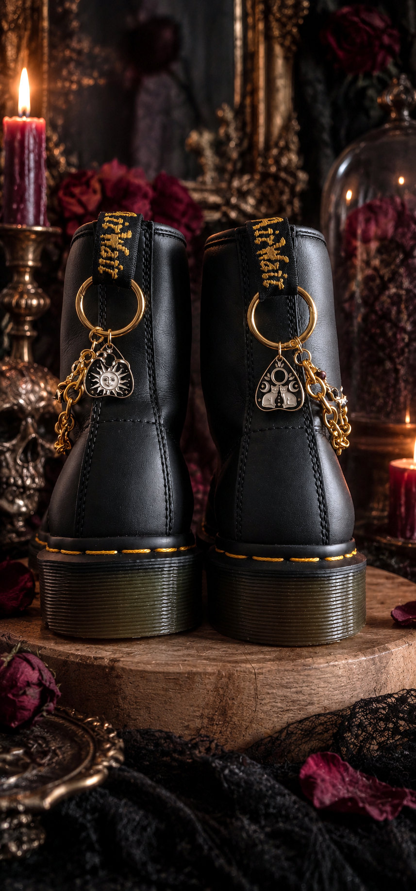 Bijoux chaînes sur brides arrière et lacets - Ouija chat, lune & soleil