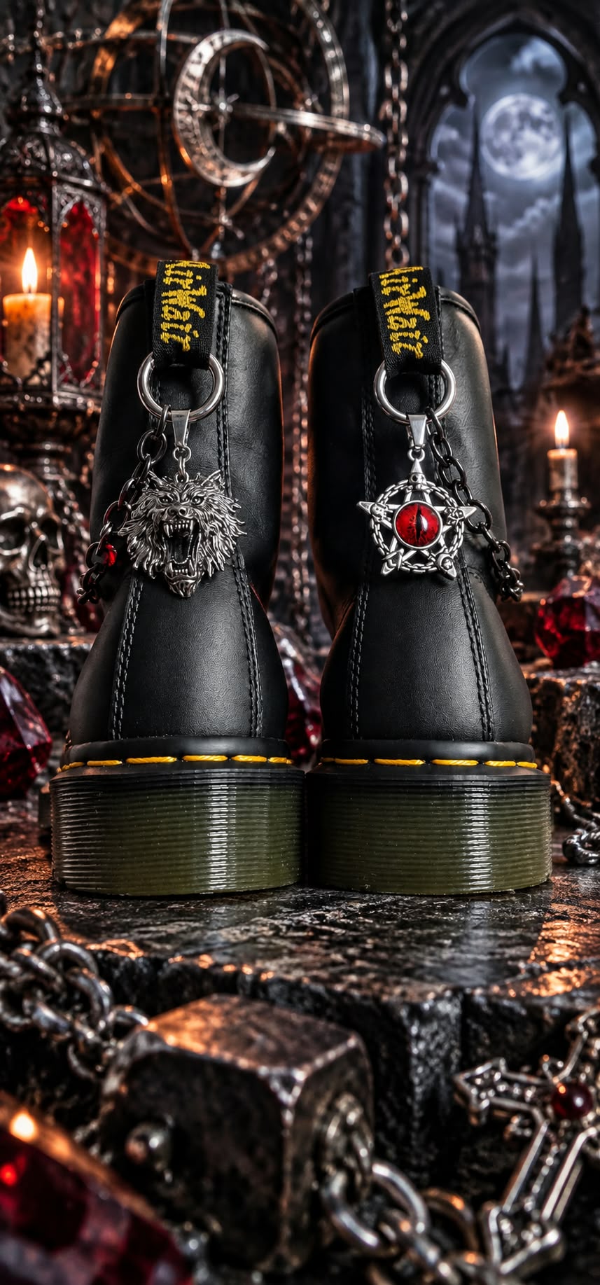 Bijoux chaînes sur brides arrière et lacets - Loup, œil & pentacle