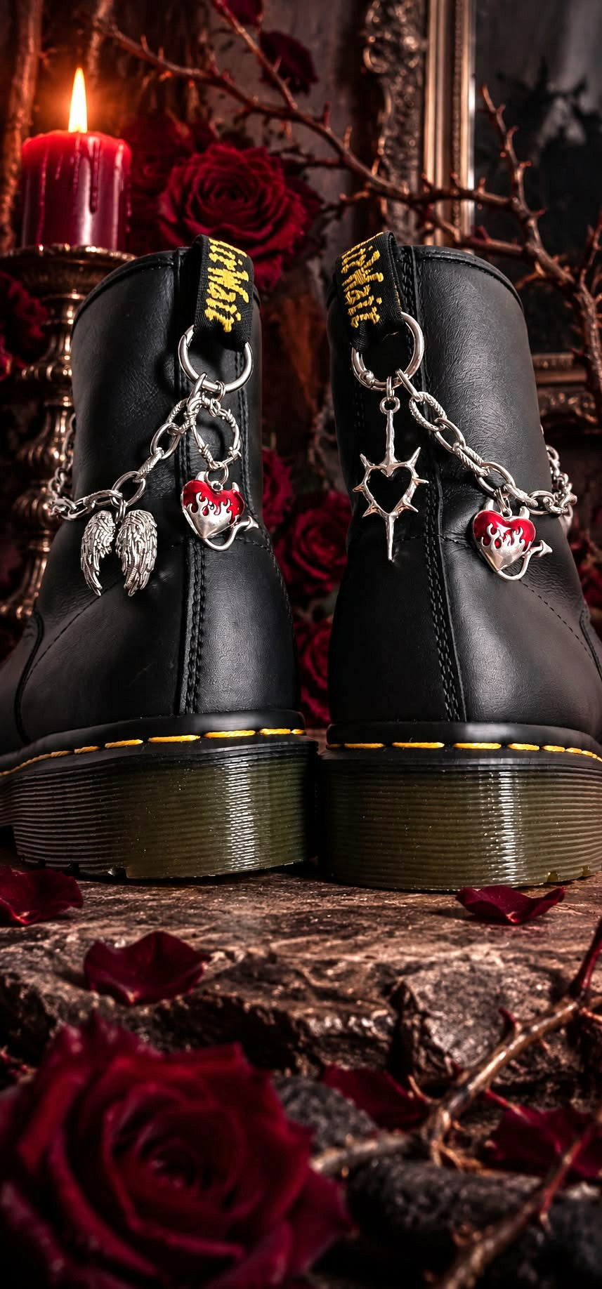 Bijoux chaînes sur brides arrière et lacets - Coeur diabolique & ailes d'Ange