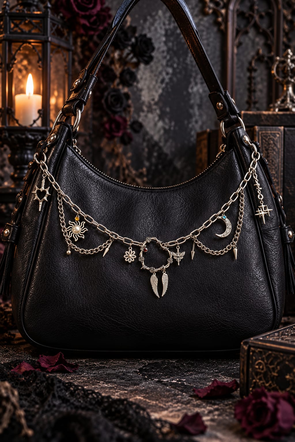 Chaîne de sac - Soleil, Lune, piercings, coeur, fleur, ailes, étoiles & papillon