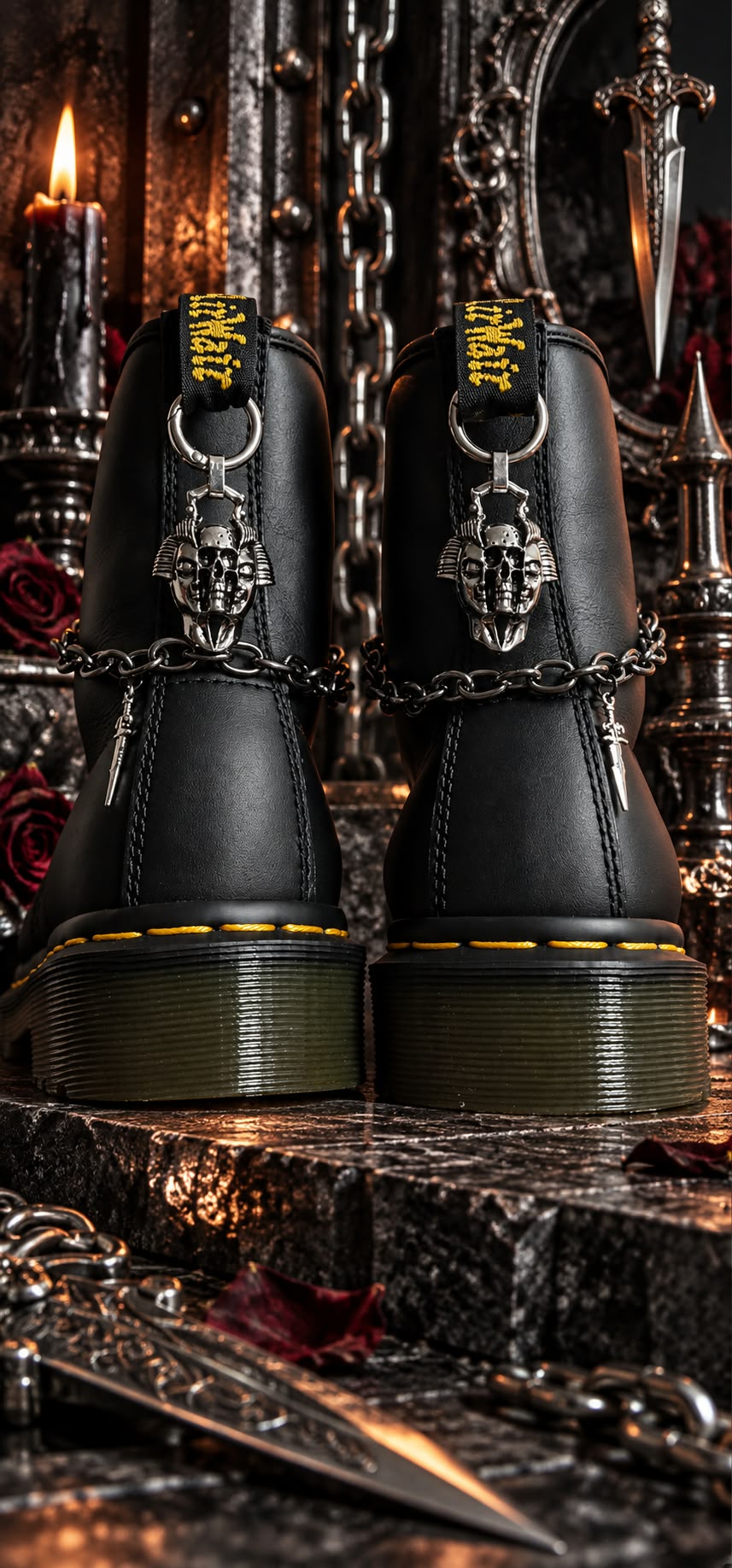 Bijoux chaînes sur brides arrière et lacets - crâne & dague
