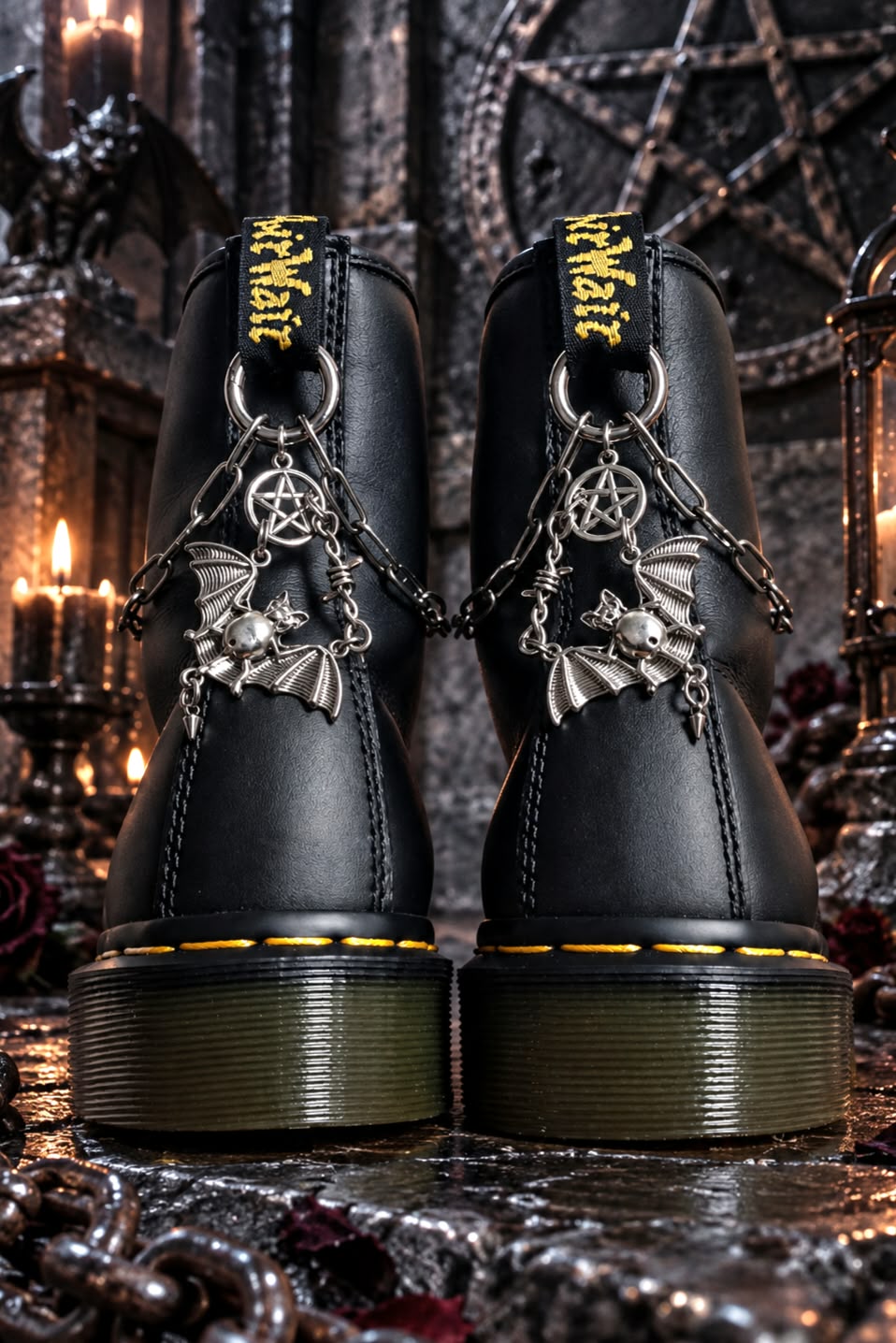 Bijoux chaînes sur brides arrière et lacets - Chauve-souris & pentacle