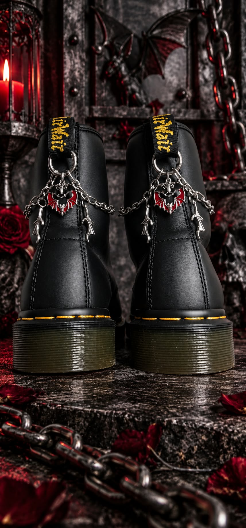 Bijoux chaînes sur brides arrière et lacets - Chauve-souris, ailes et barbelé