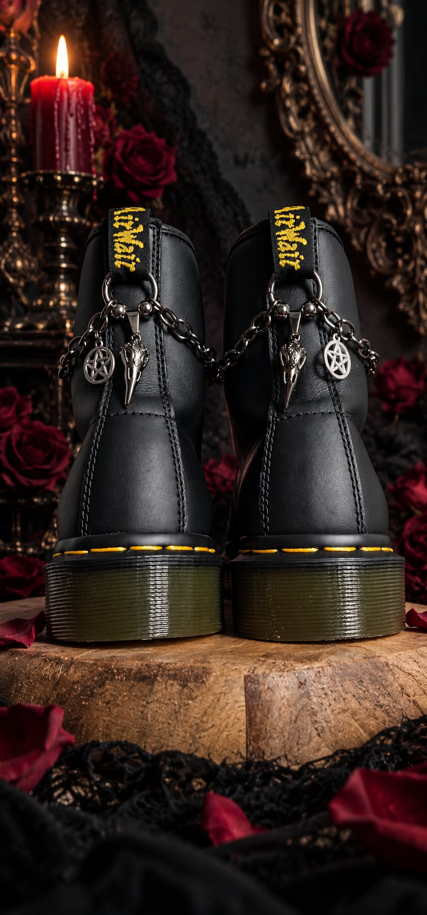 Bijoux chaînes sur brides arrière et lacets - Crâne de corbeau & pentacle