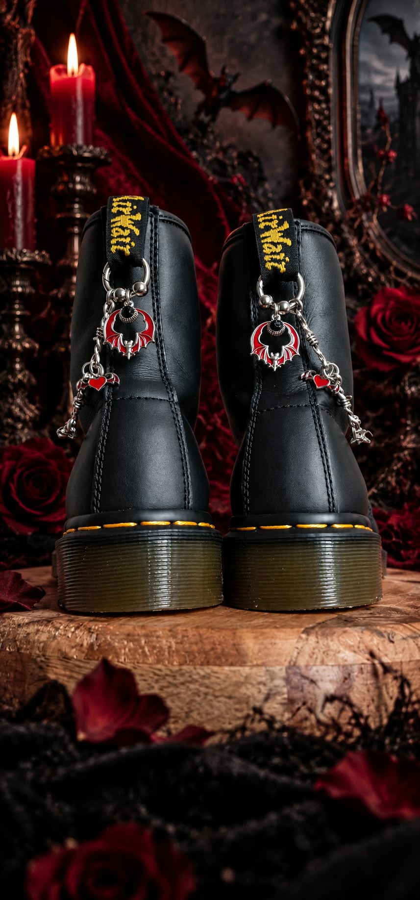 Bijoux chaînes sur brides arrière et lacets - Chauve-souris & cœur ailé