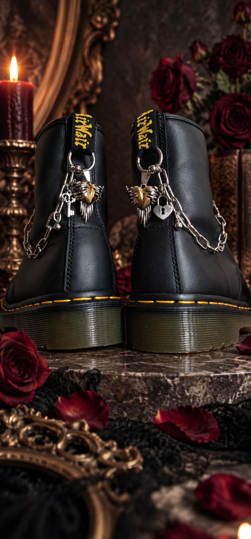 Bijoux chaînes sur brides arrière et lacets - Cœur ailé & cadenas