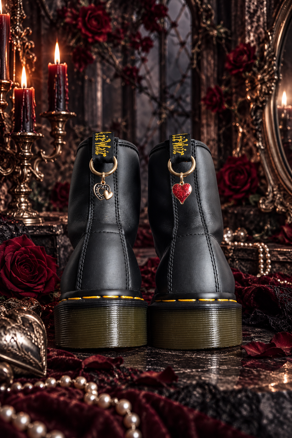 Bijoux simples sur brides arrière - Cœur rouge pailleté et cœur noir et doré