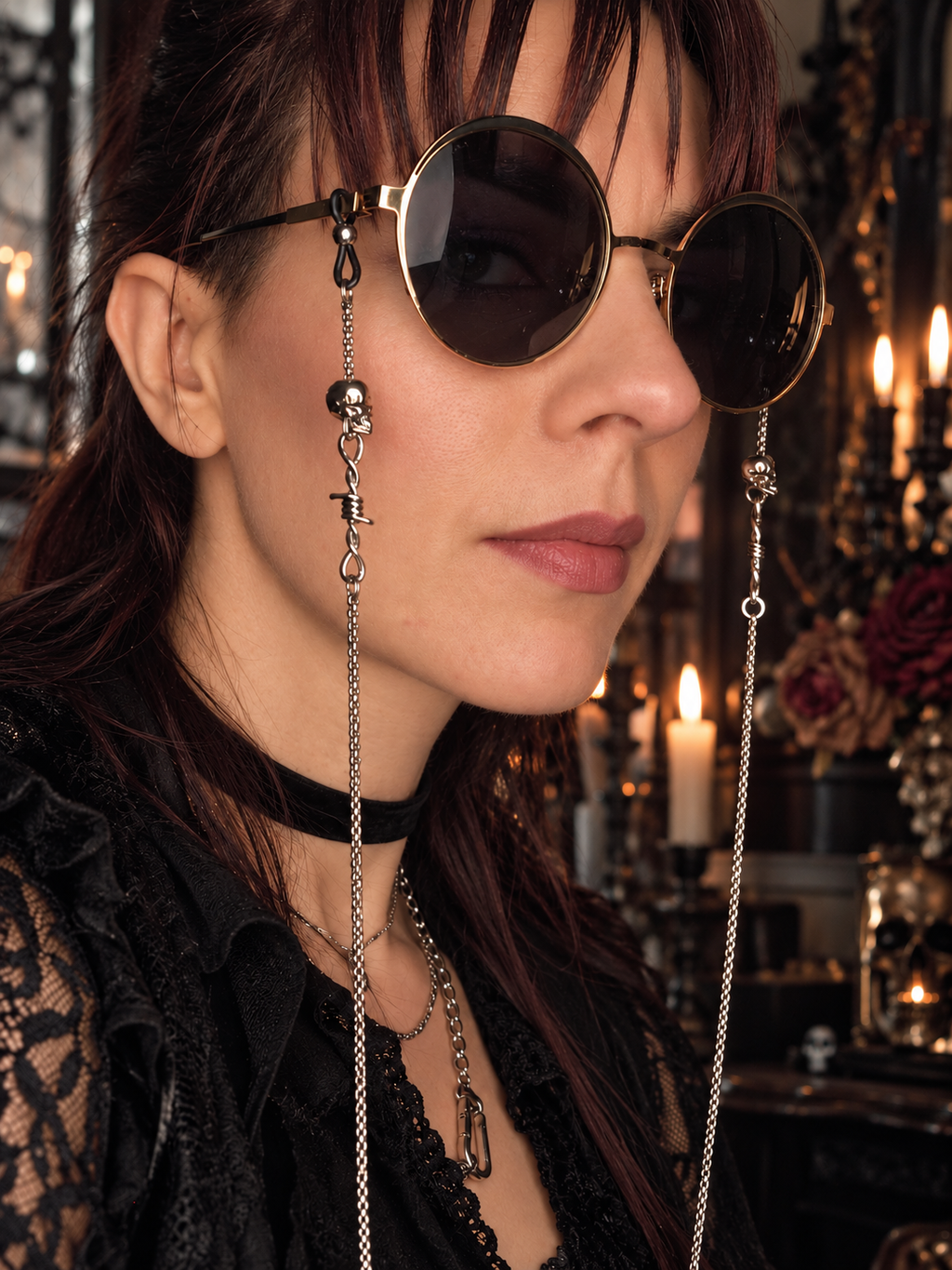 Chaine de lunettes - Crâne, barbelé & bille