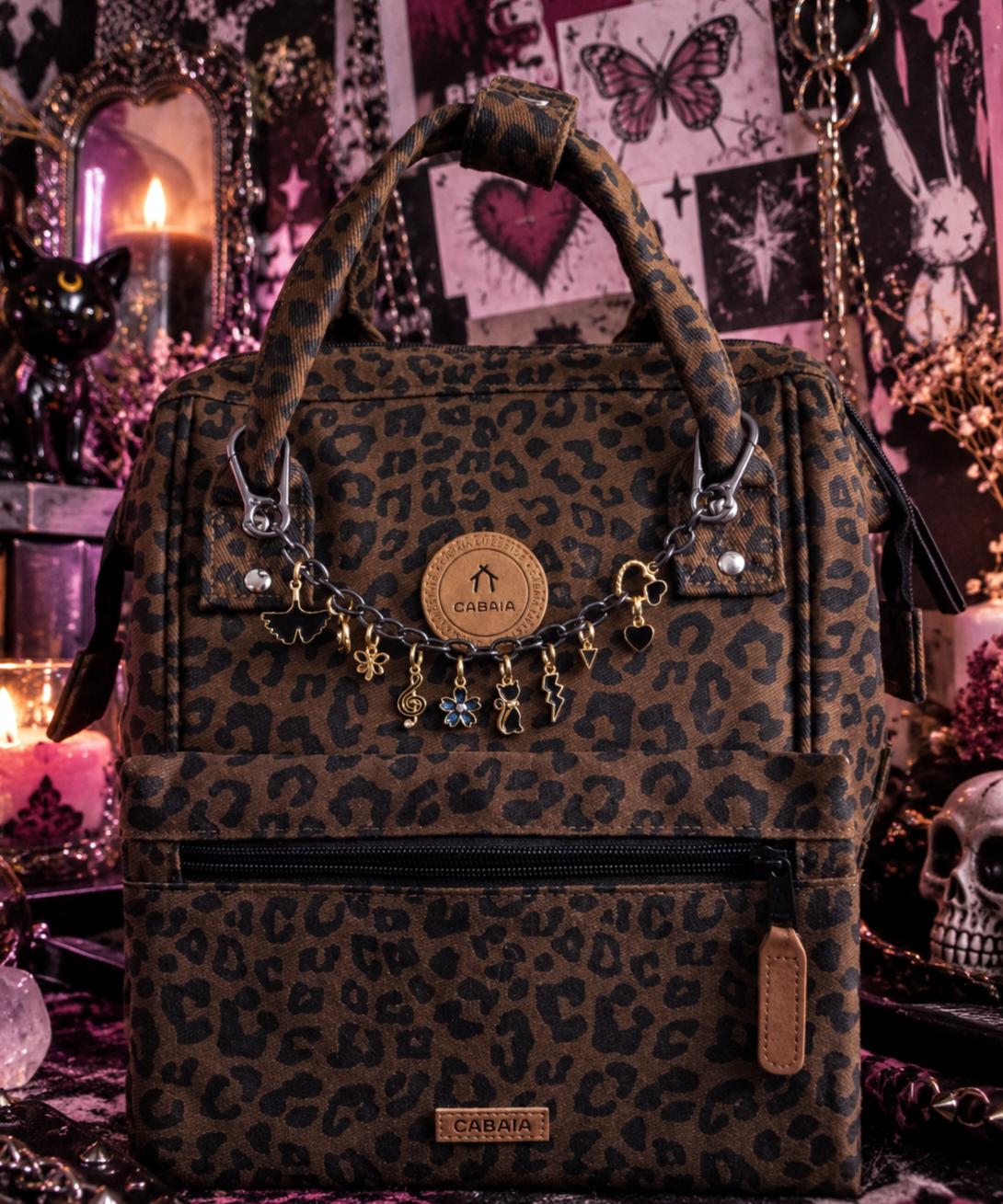 Chaine de sac - Chat, fleur & coeur